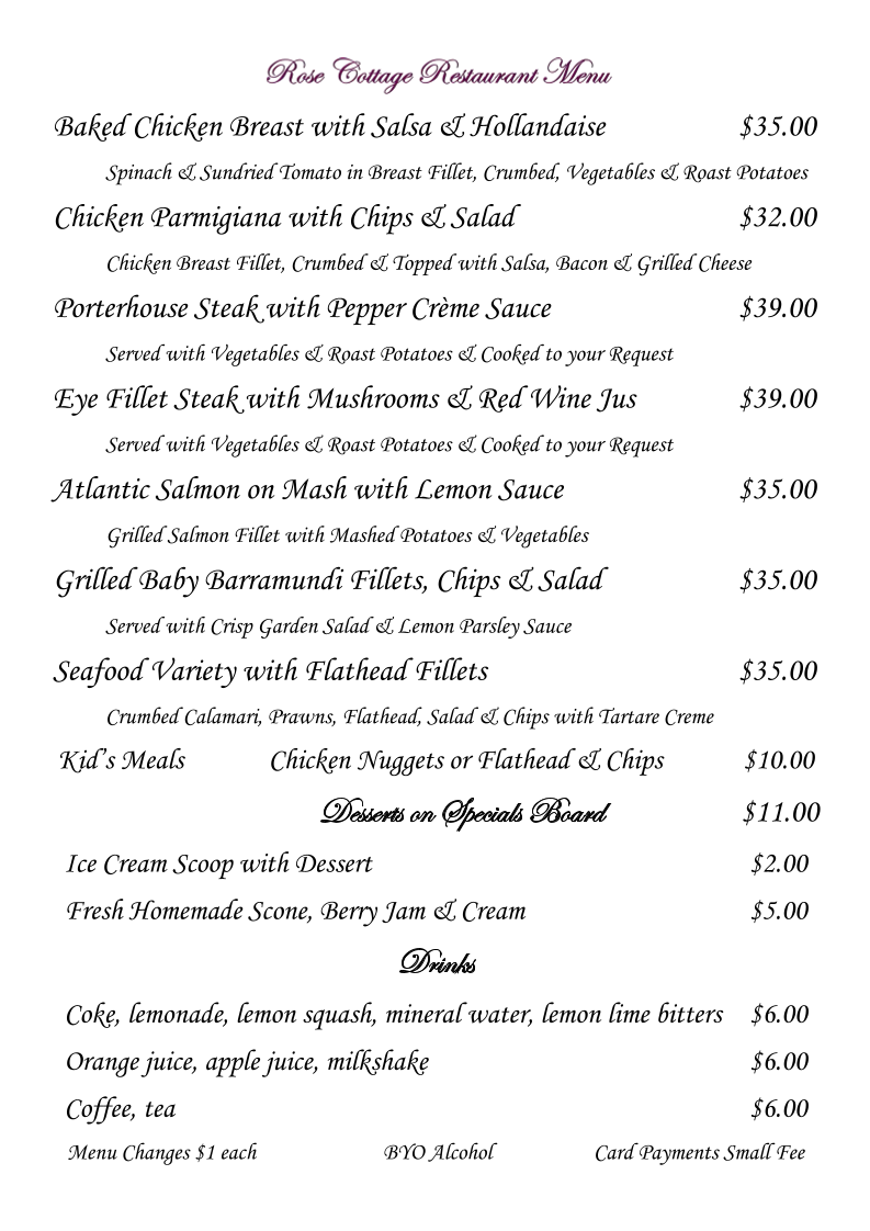 Menu, Rose Cottage Restaurant