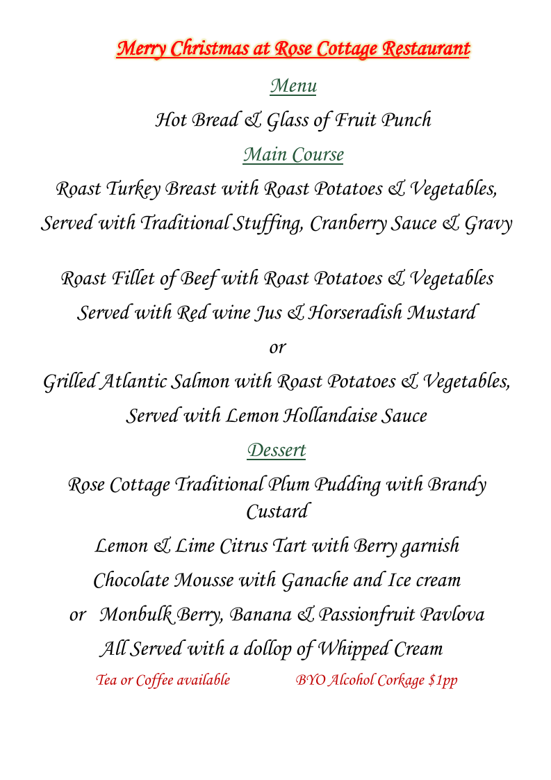 Menu, Rose Cottage Restaurant