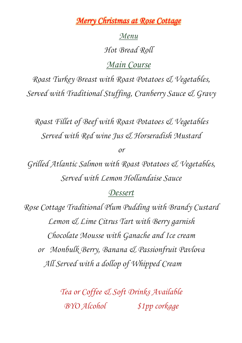 Menu, Rose Cottage Restaurant