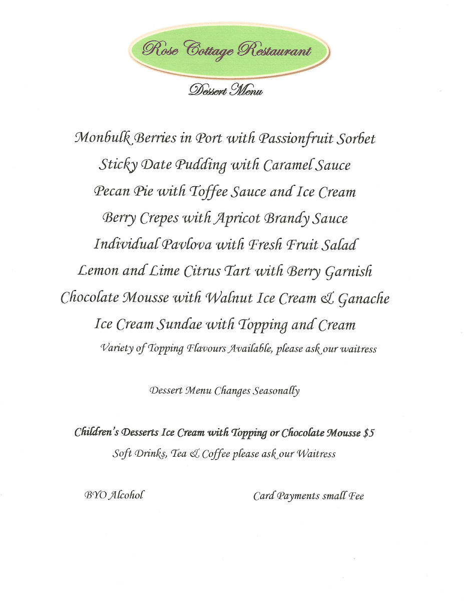 Menu, Rose Cottage Restaurant
