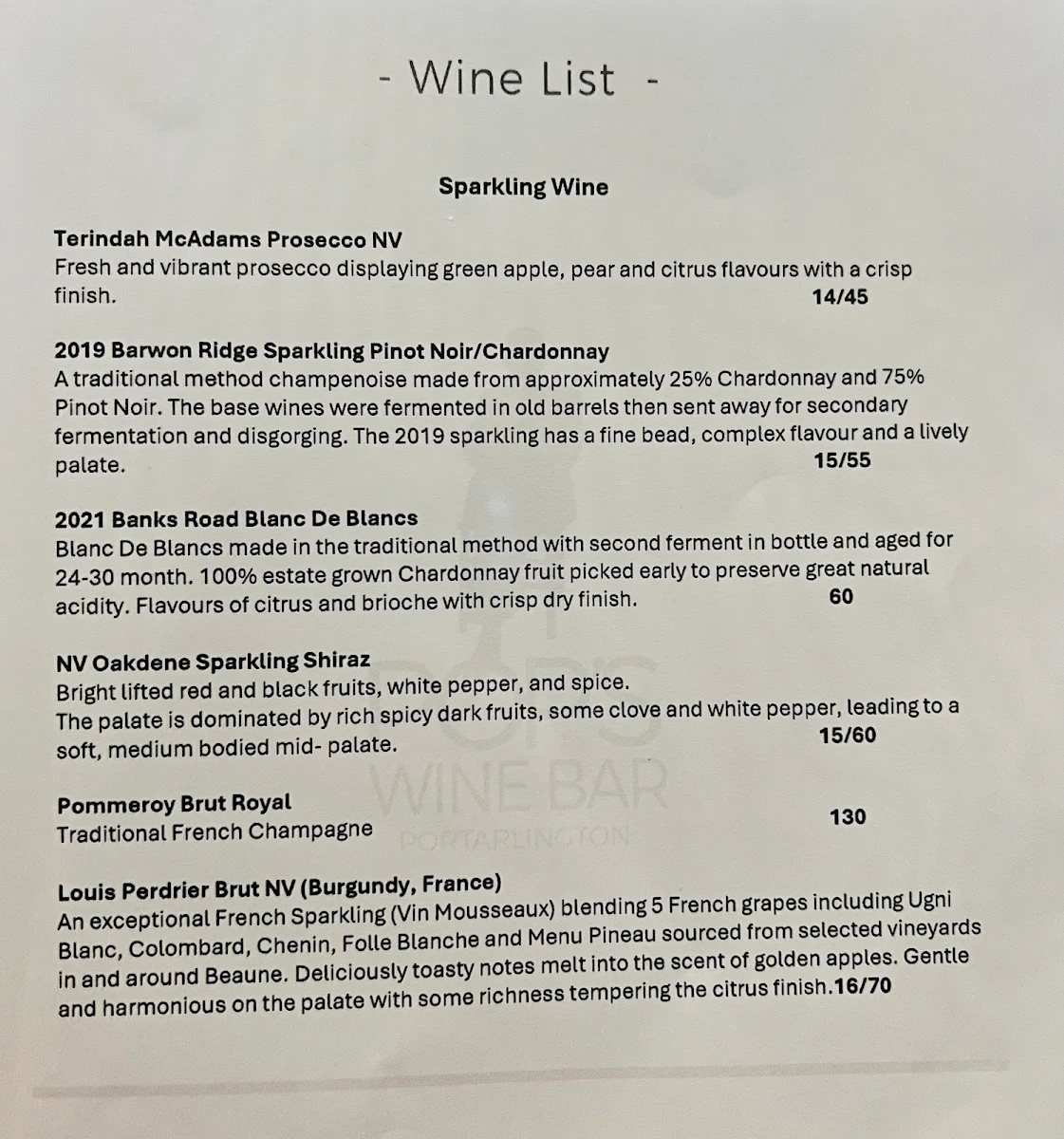 Menu, Pops Wine Bar, Portarlington