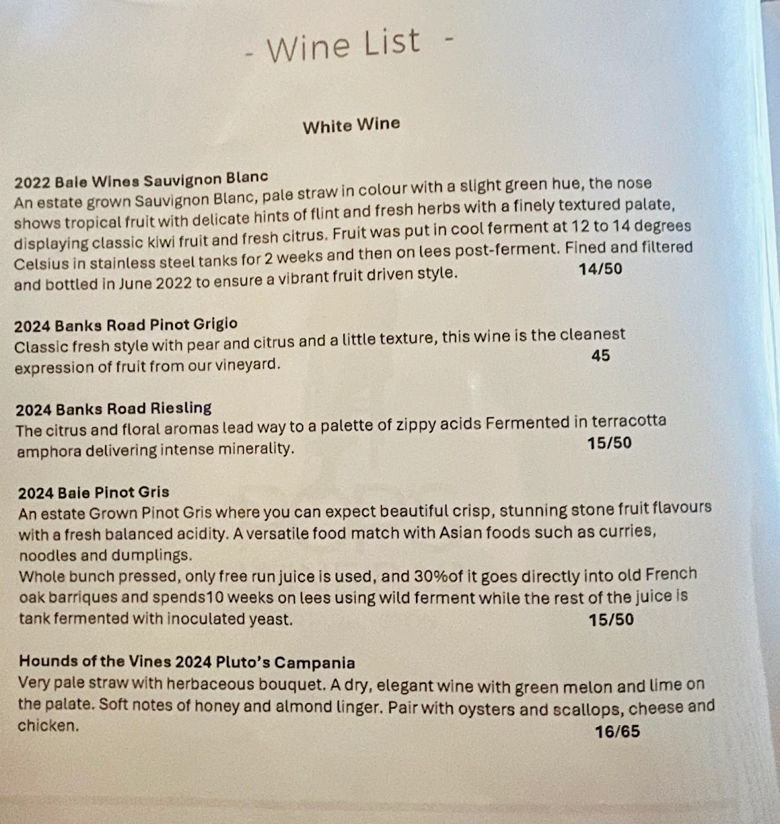 Menu, Pops Wine Bar, Portarlington