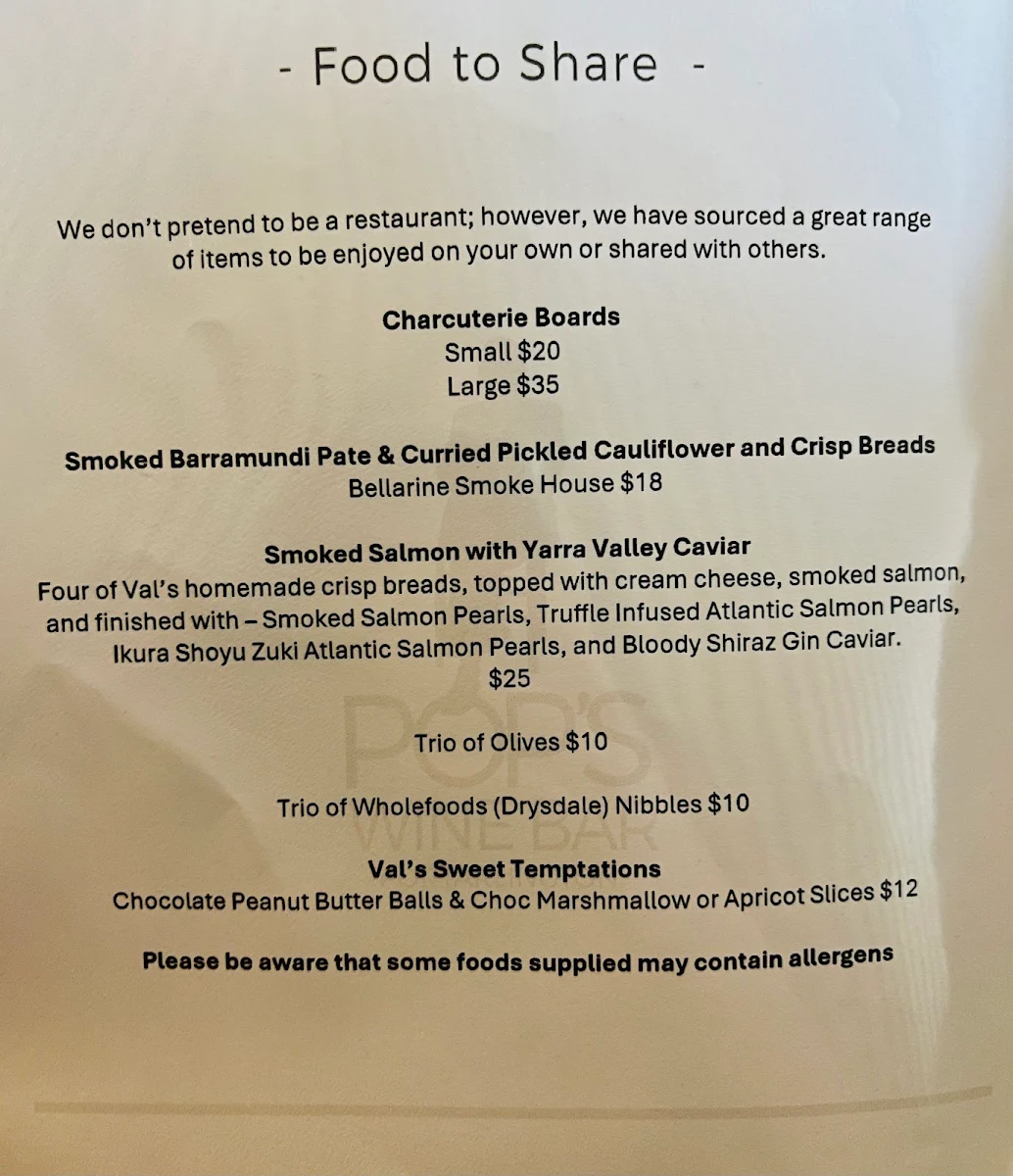 Menu, Pops Wine Bar, Portarlington