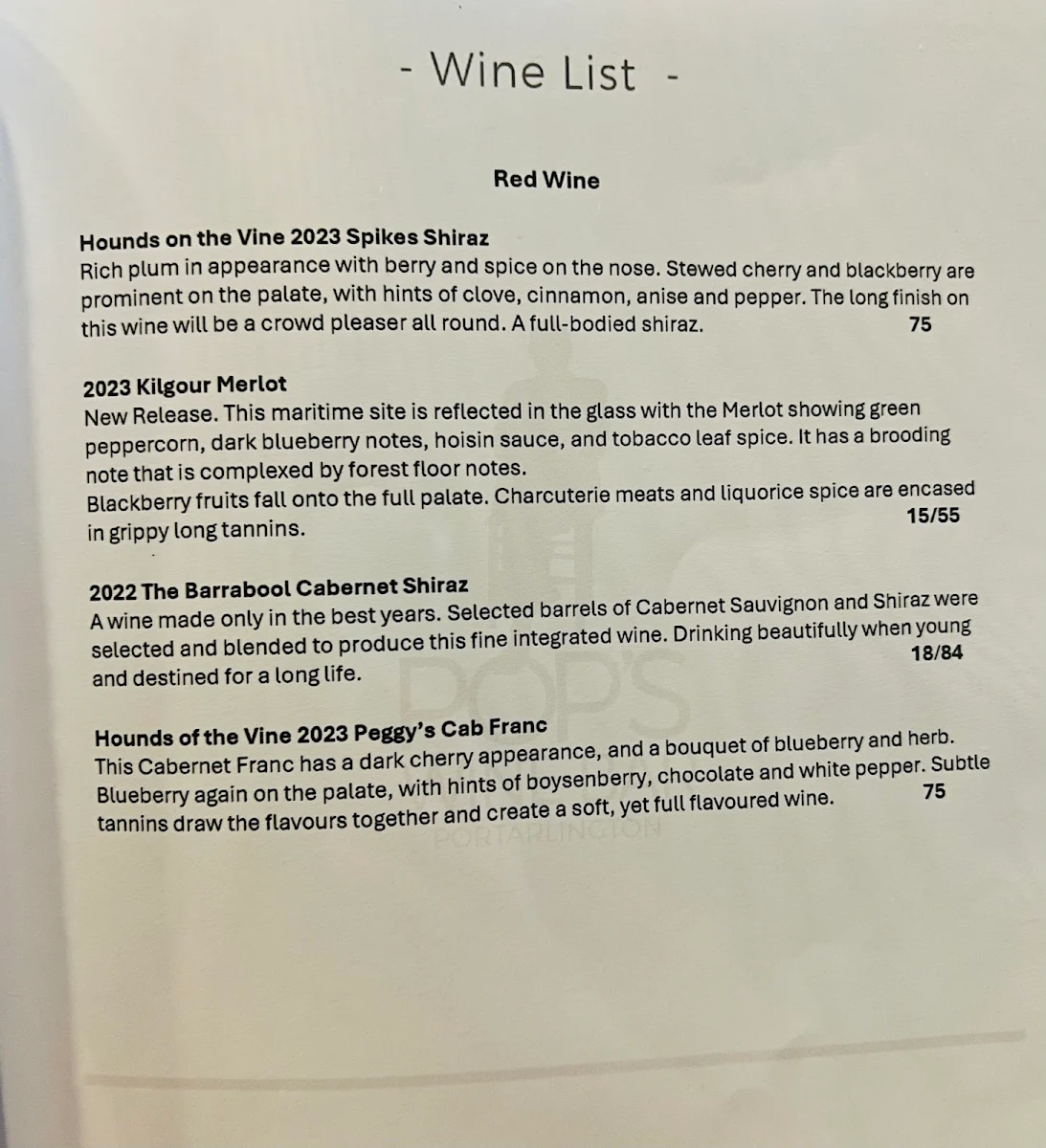 Menu, Pops Wine Bar, Portarlington