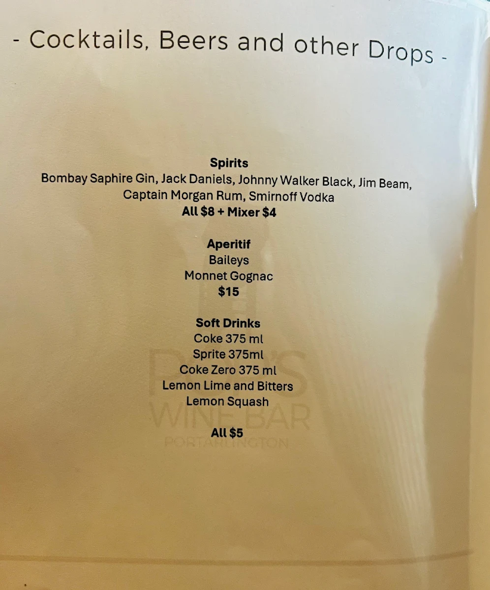 Menu, Pops Wine Bar, Portarlington