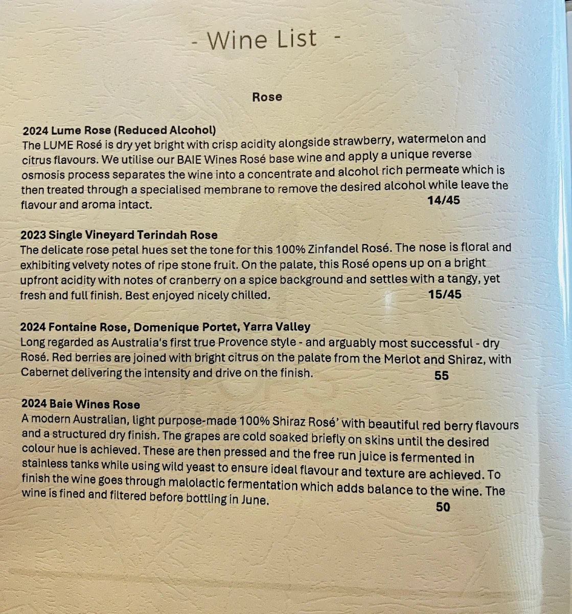 Menu, Pops Wine Bar, Portarlington