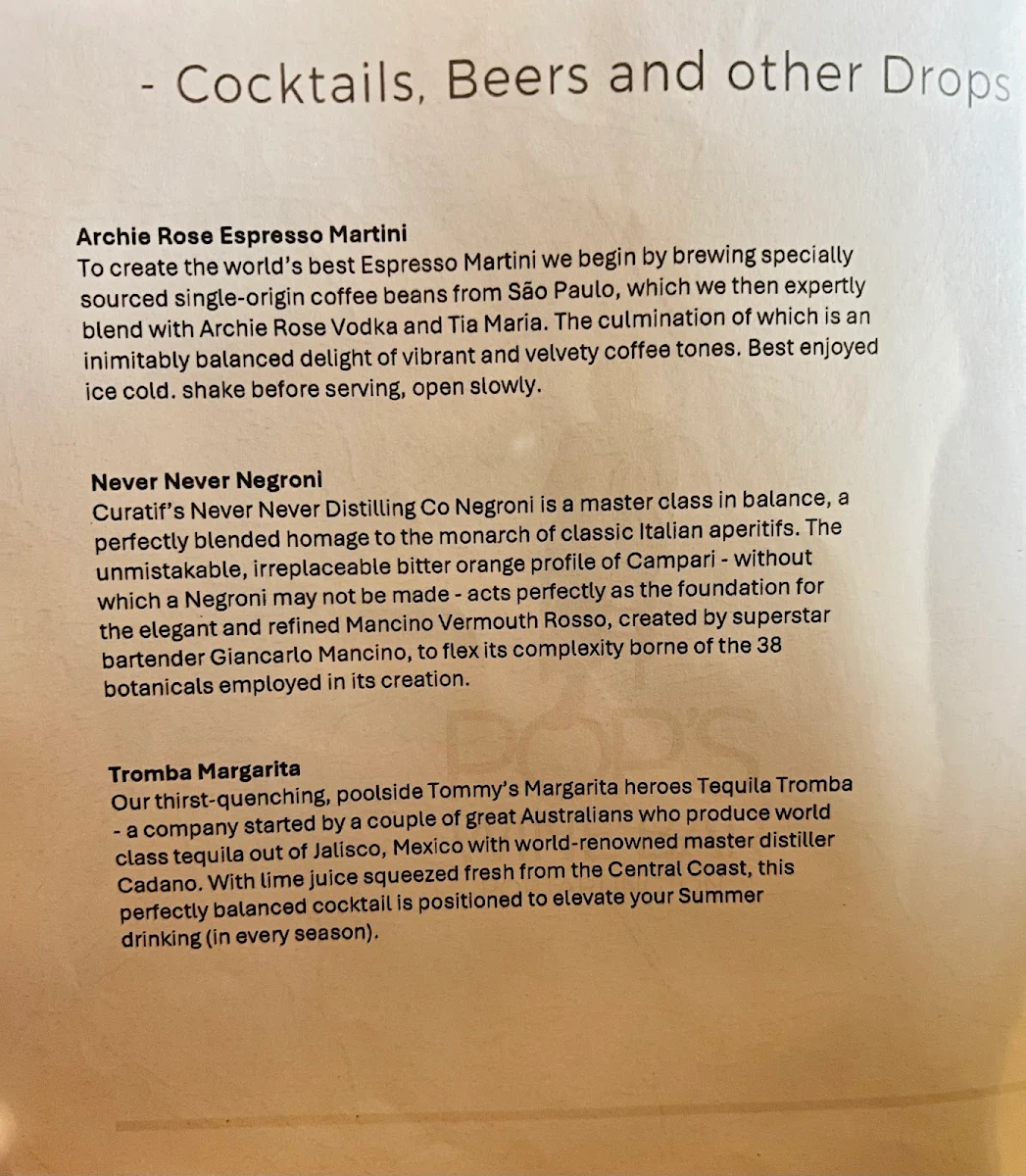 Menu, Pops Wine Bar, Portarlington
