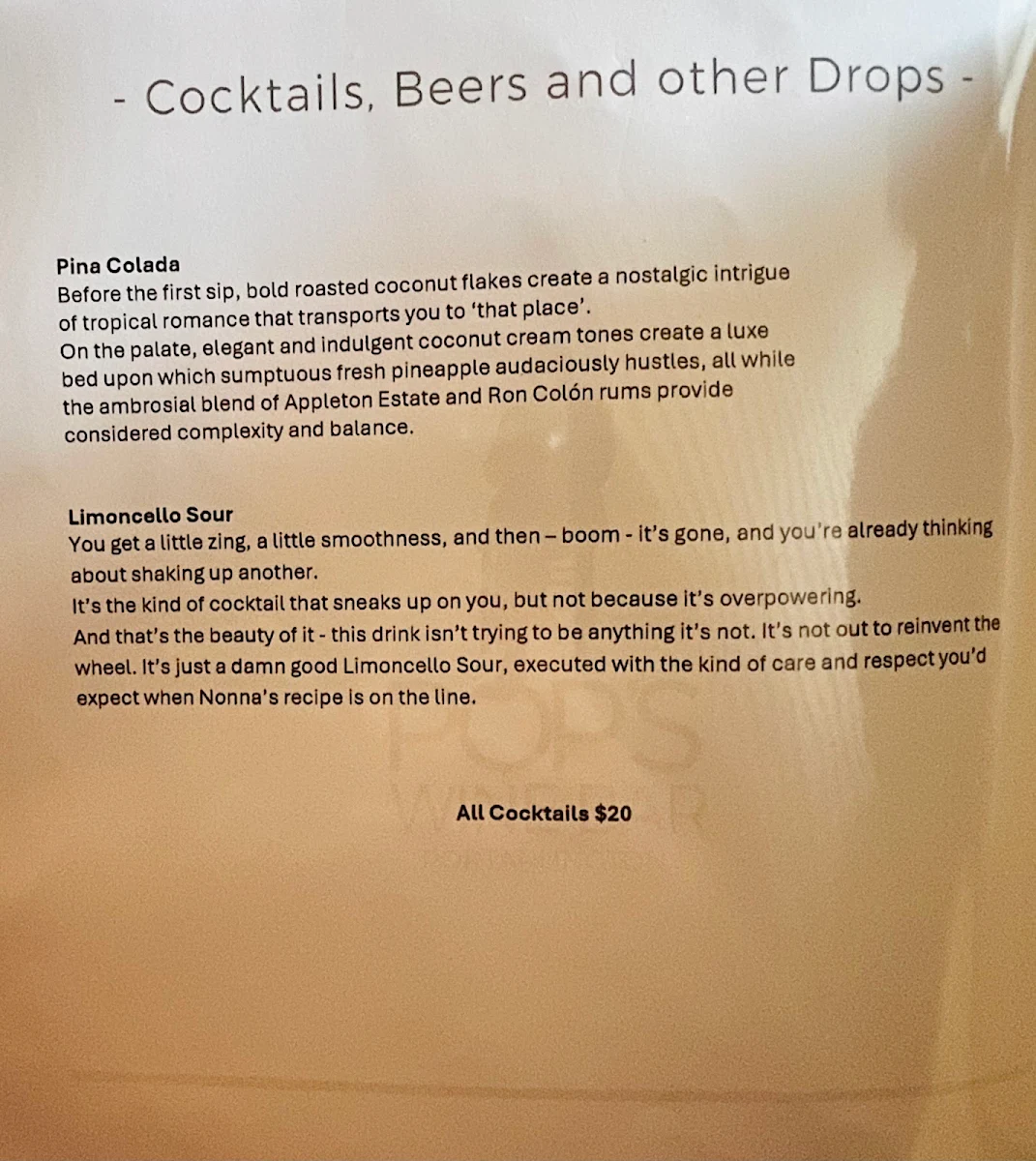 Menu, Pops Wine Bar, Portarlington