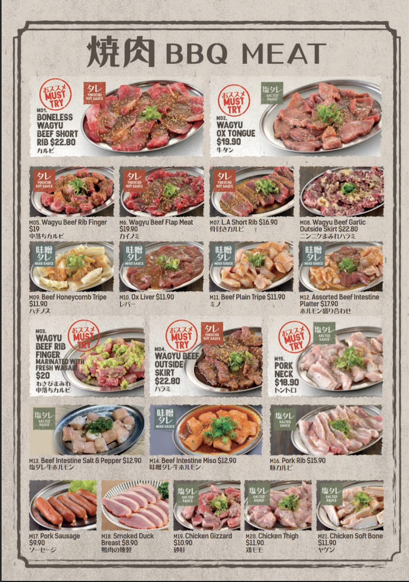 Menu, Yakiniku Yokocho Burwood
