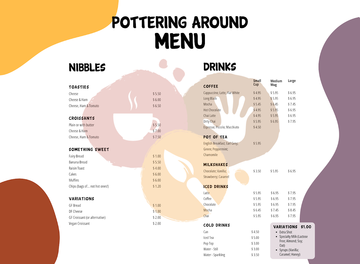 Menu, Pottering Around Pottery Studio & Cafe