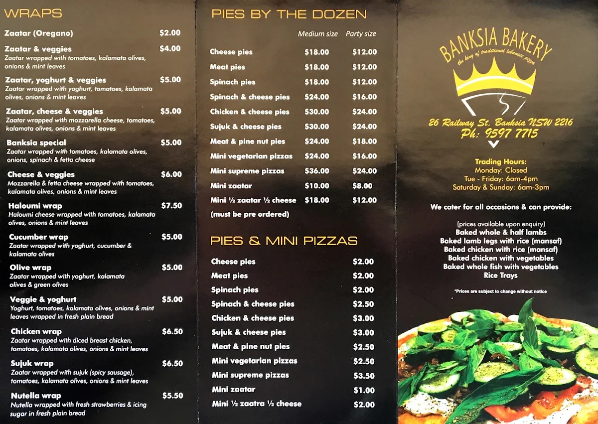 Menu, Banksia Bakery