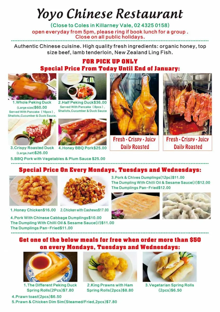 Menu, Yoyo Chinese Restaurant
