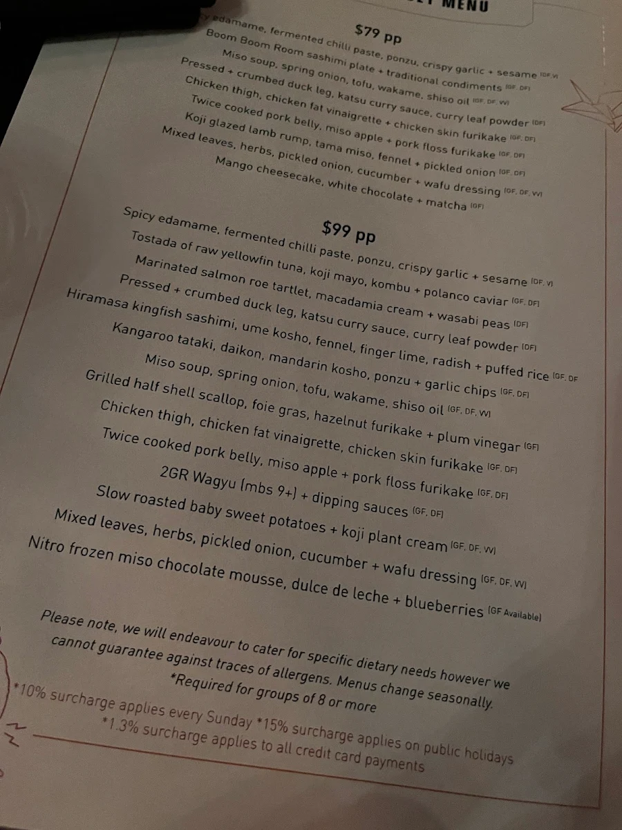 Menu, The Boom Boom Room