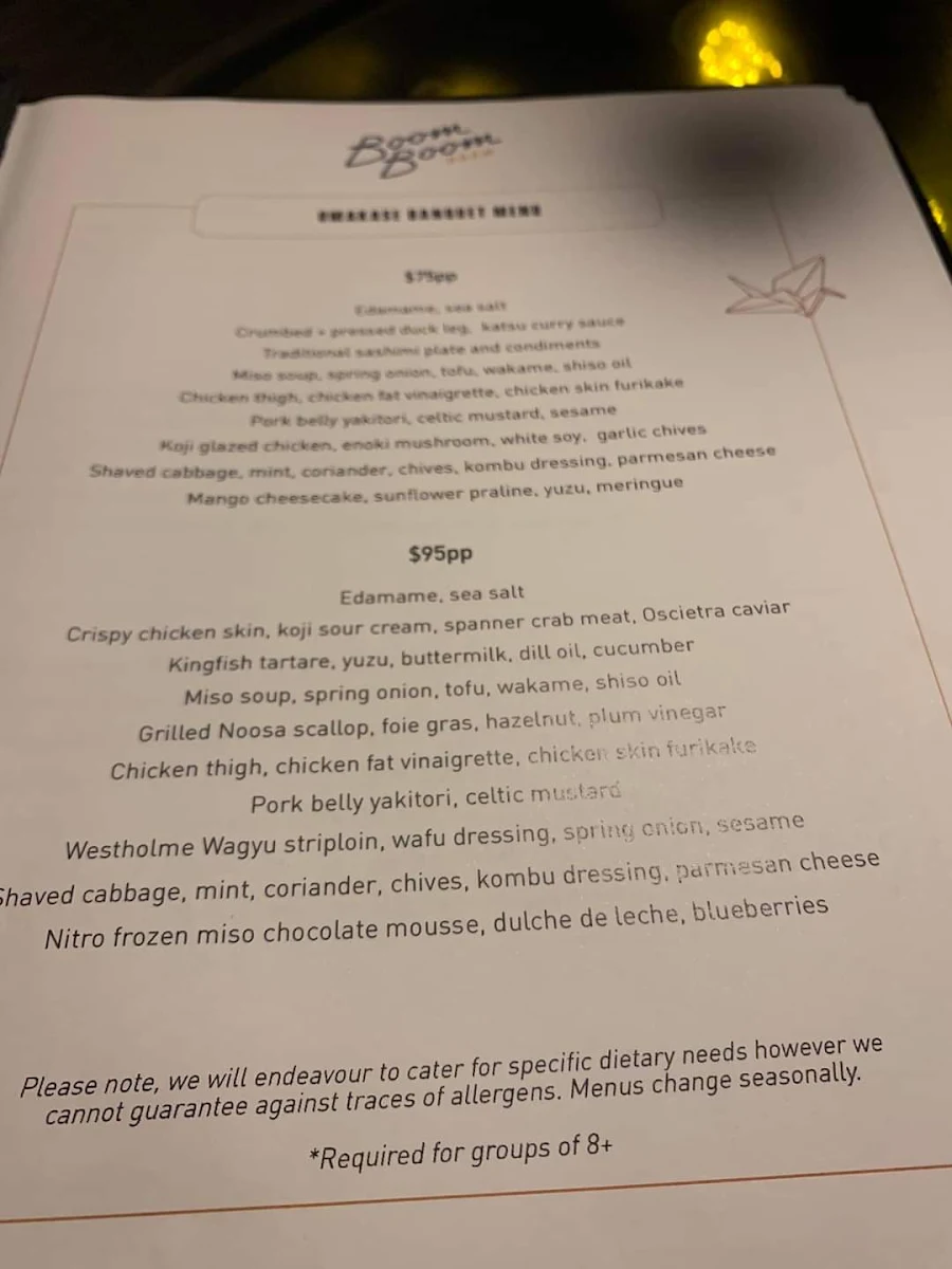 Menu, The Boom Boom Room