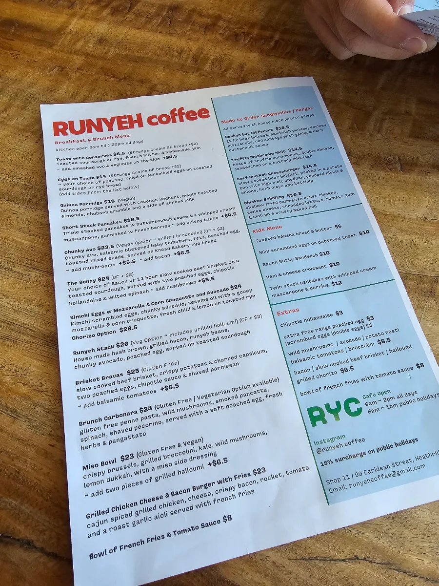 Menu, Runyeh Coffee