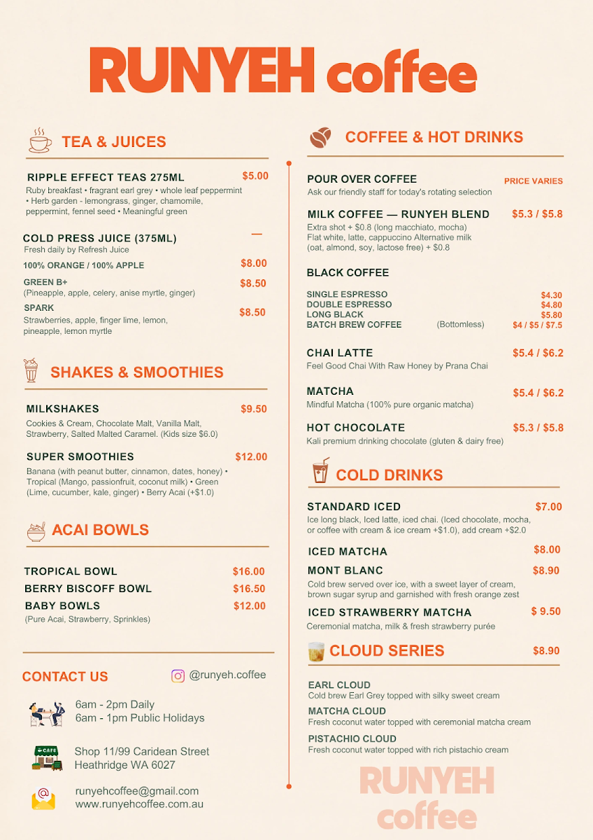 Menu, Runyeh Coffee