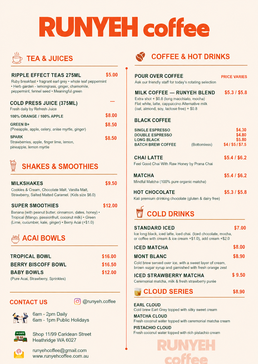 Menu, Runyeh Coffee