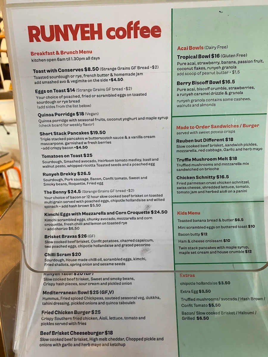 Menu, Runyeh Coffee