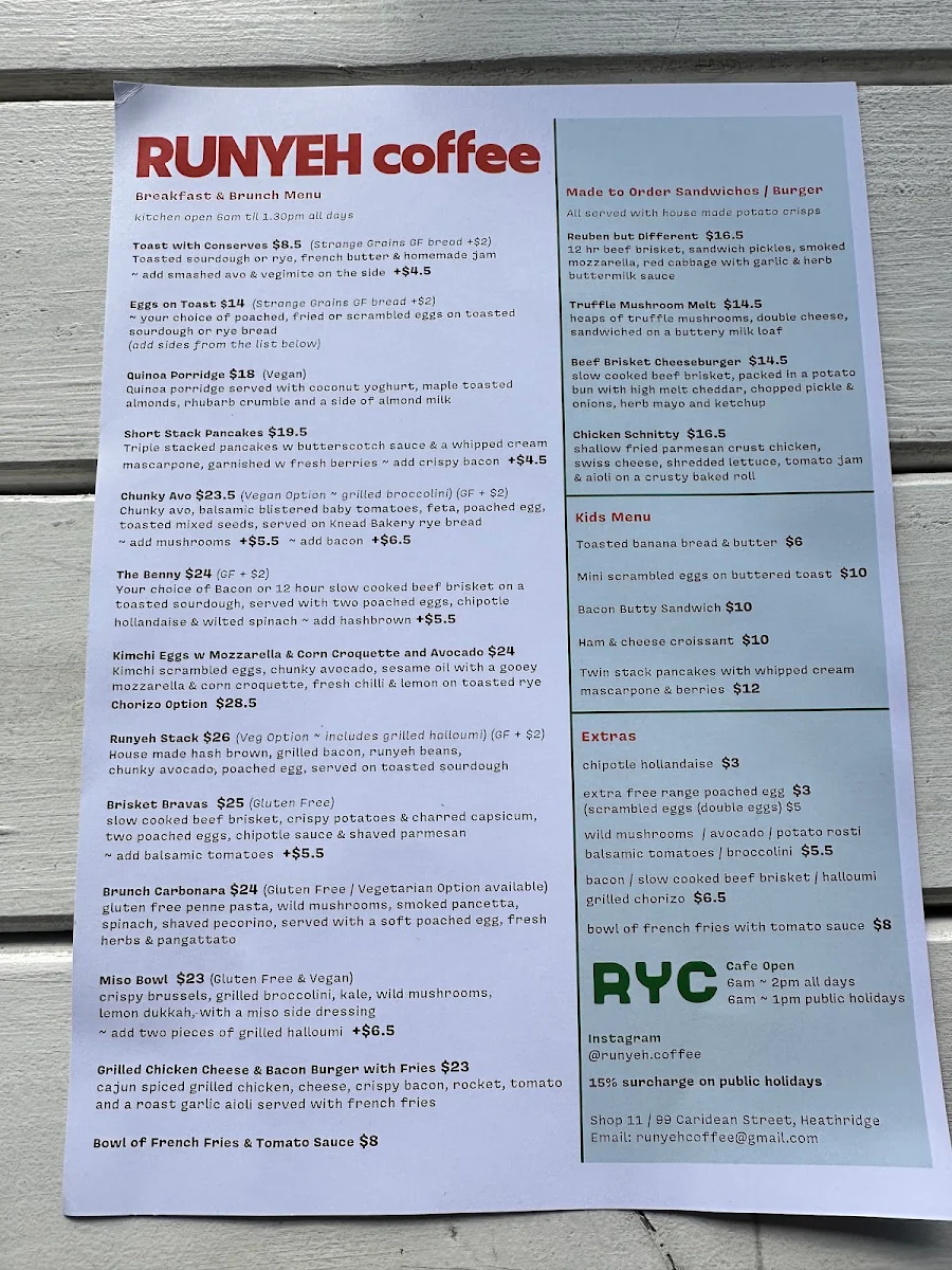 Menu, Runyeh Coffee