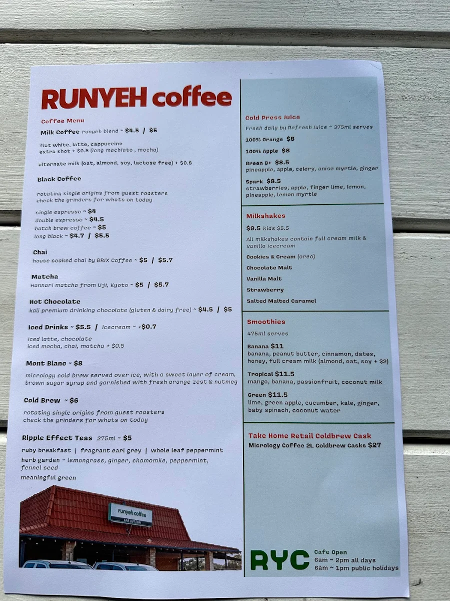 Menu, Runyeh Coffee
