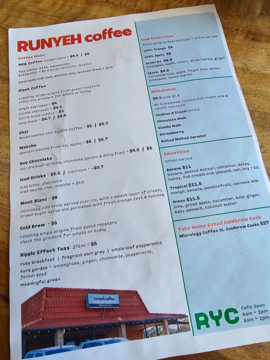 Menu, Runyeh Coffee