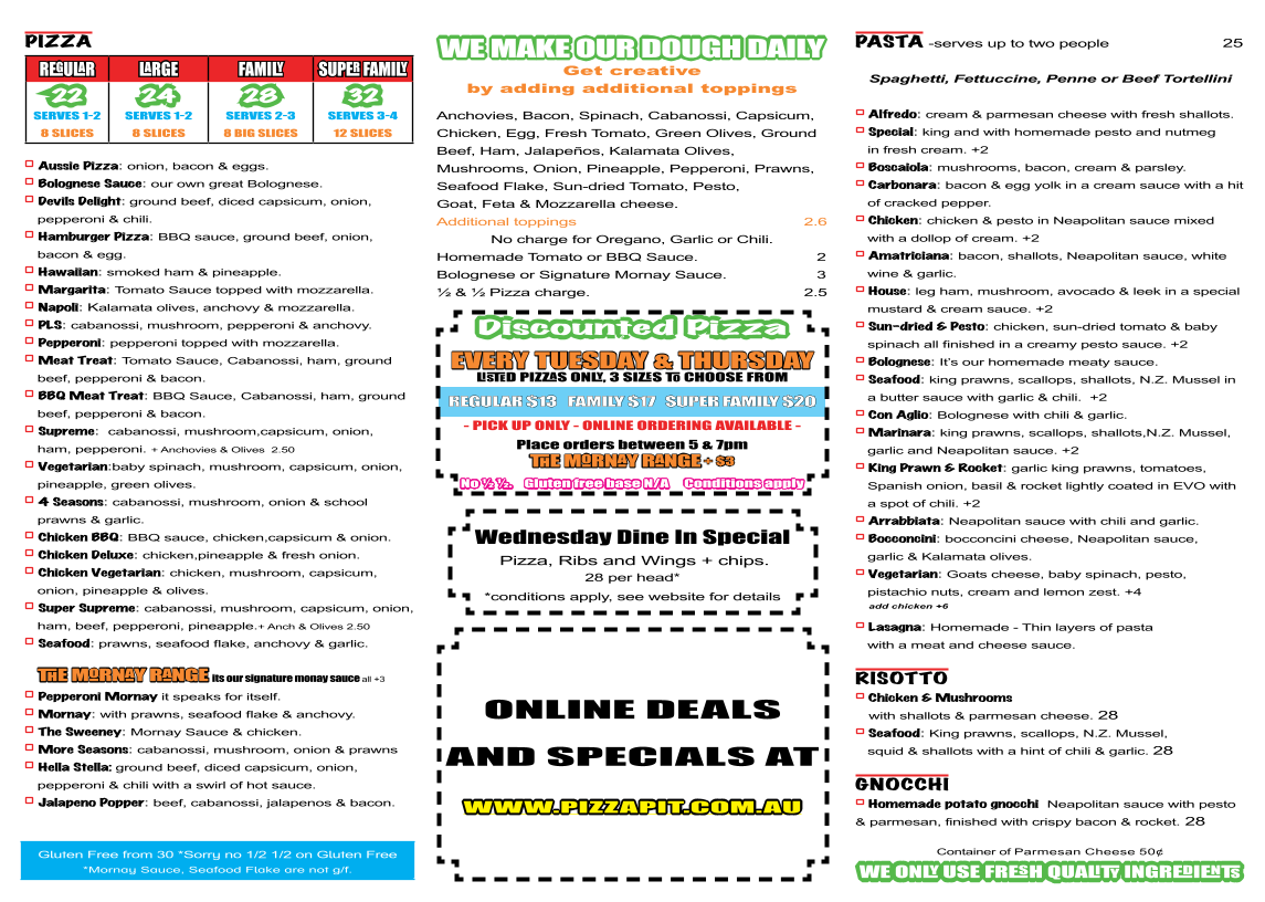Menu, Pizza Pit Italian Restaurant