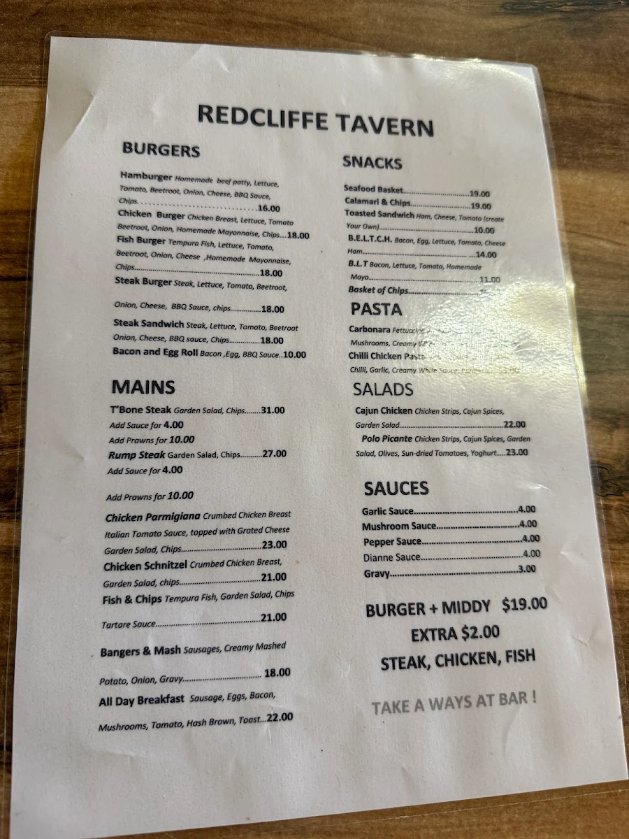 Menu, Redcliffe Tavern