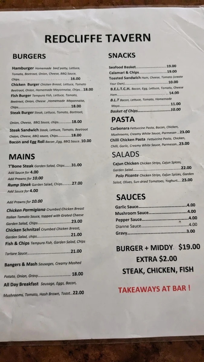 Menu, Redcliffe Tavern