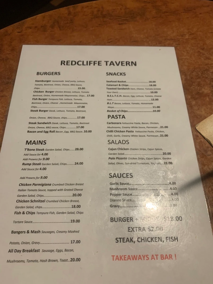 Menu, Redcliffe Tavern