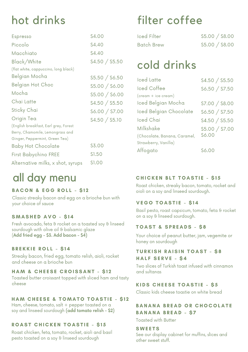 Menu, Bean Roasted Espresso Bar Calderwood