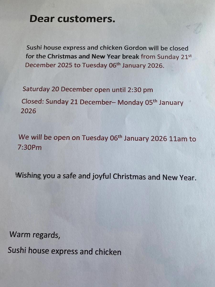 Menu, Sushi House Express & Chicken