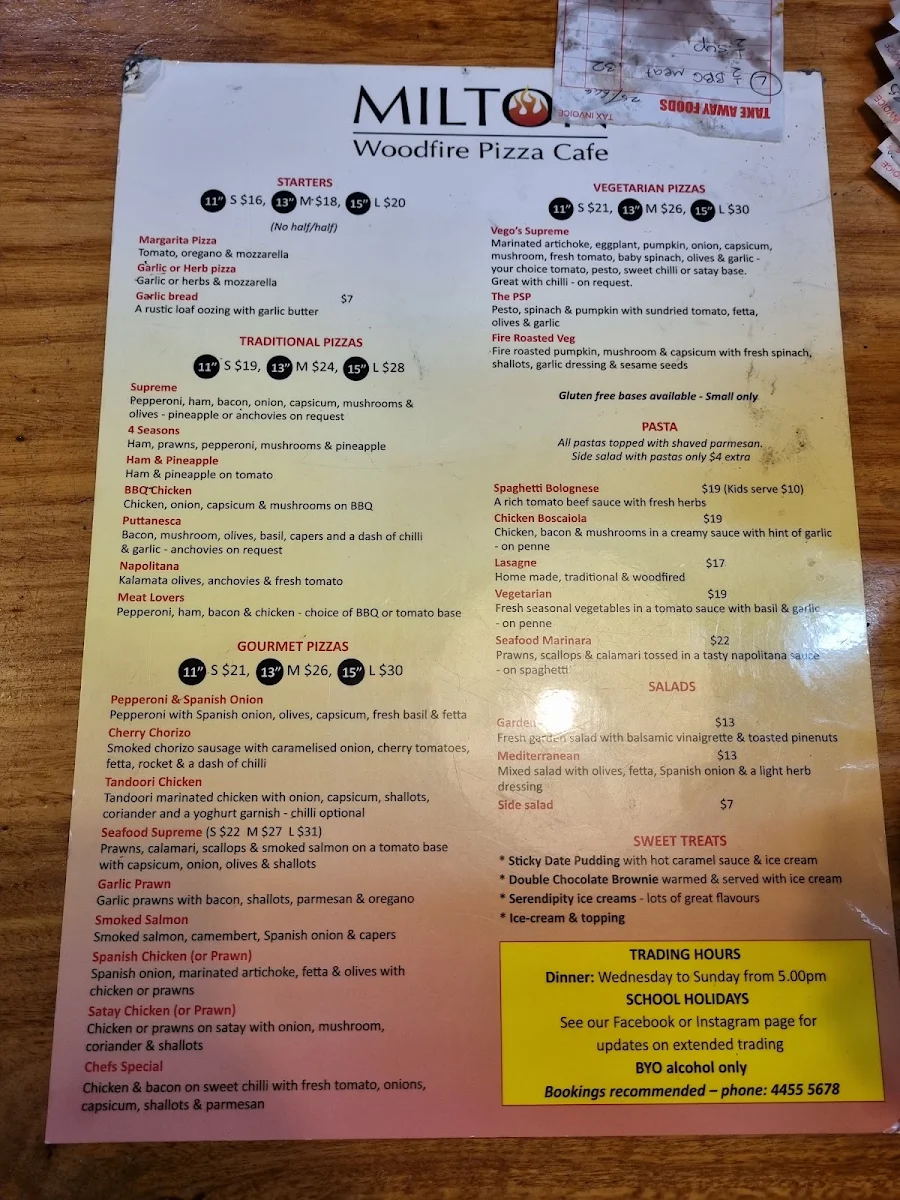 Menu, Milton Woodfire Pizza