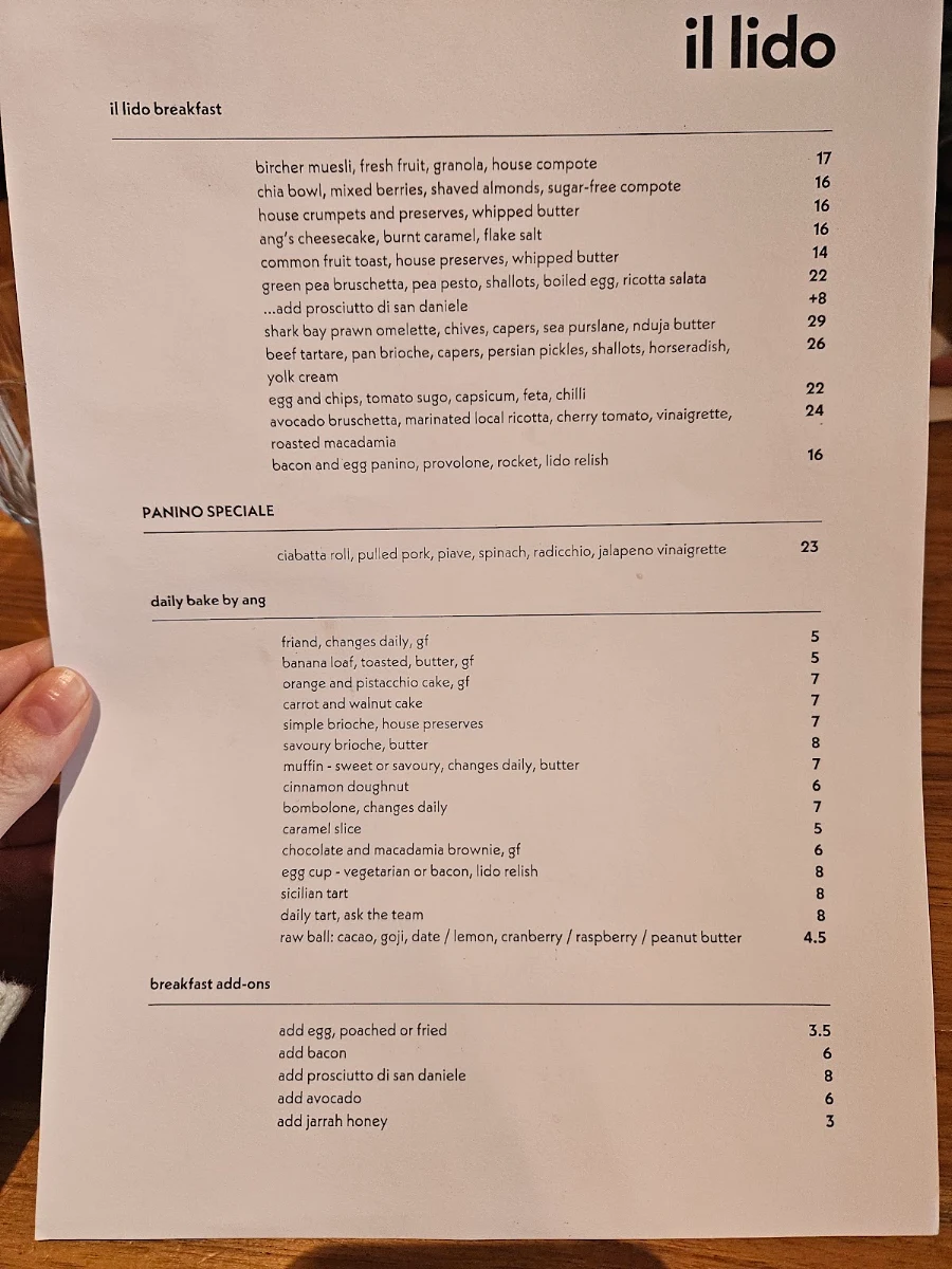 Menu, Il Lido Italian Canteen