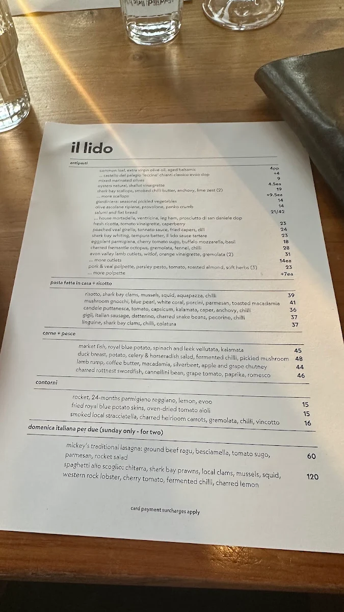Menu, Il Lido Italian Canteen