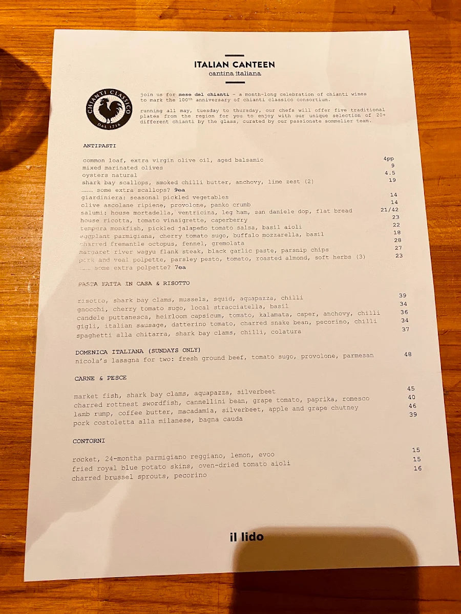 Menu, Il Lido Italian Canteen