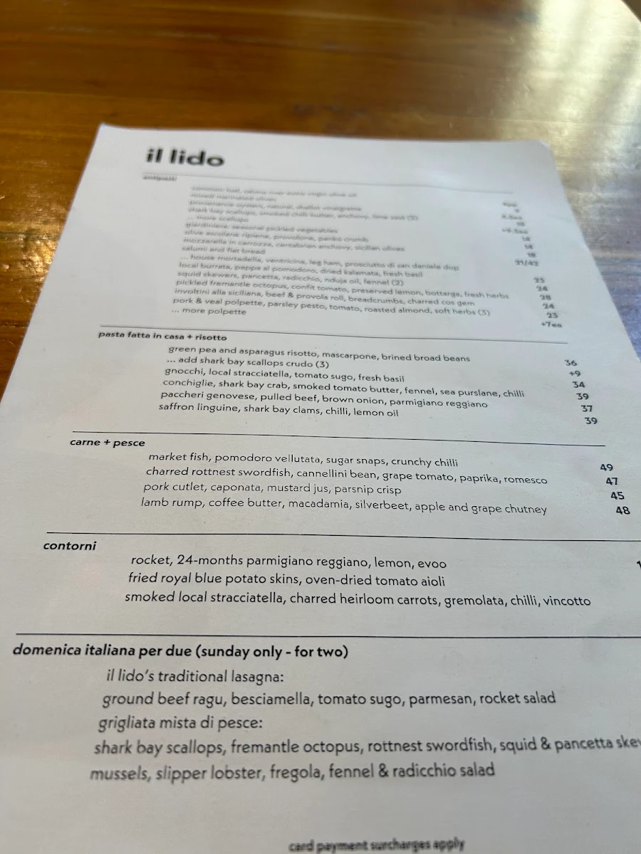 Menu, Il Lido Italian Canteen