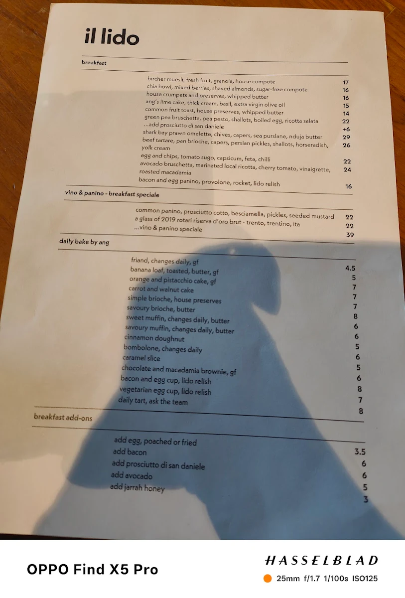 Menu, Il Lido Italian Canteen