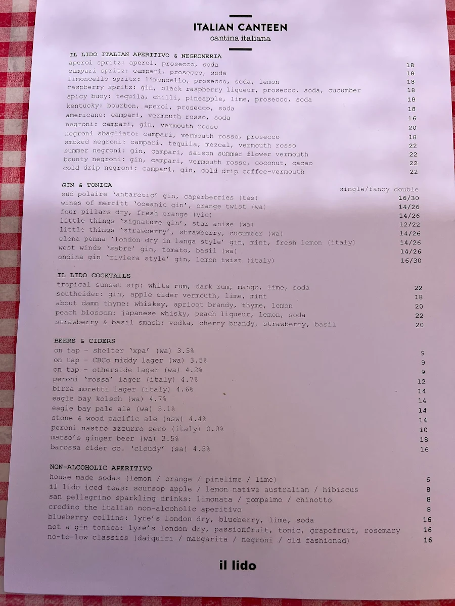 Menu, Il Lido Italian Canteen