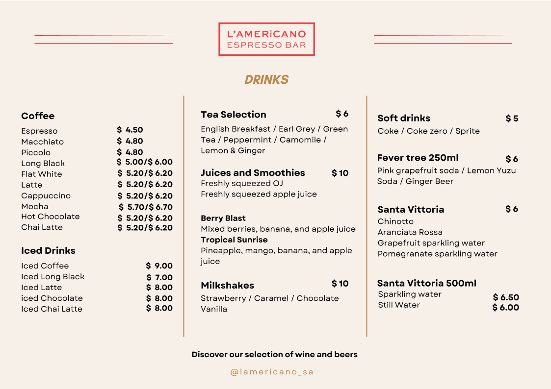 Menu, L'Americano Espresso Bar
