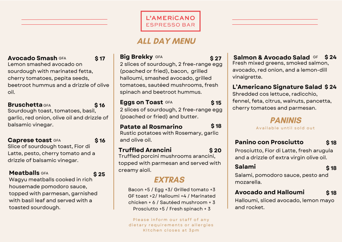 Menu, L'Americano Espresso Bar