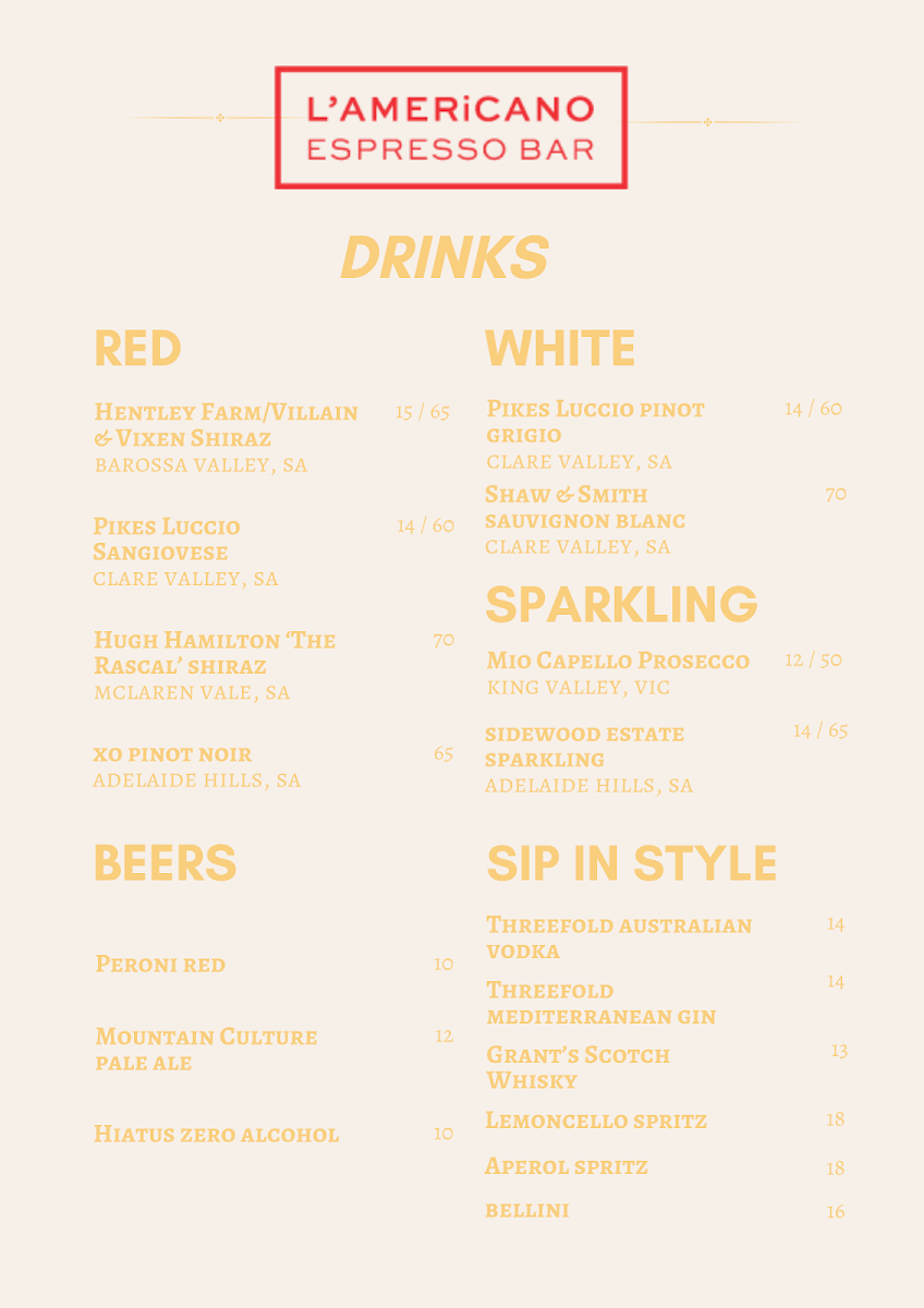 Menu, L'Americano Espresso Bar