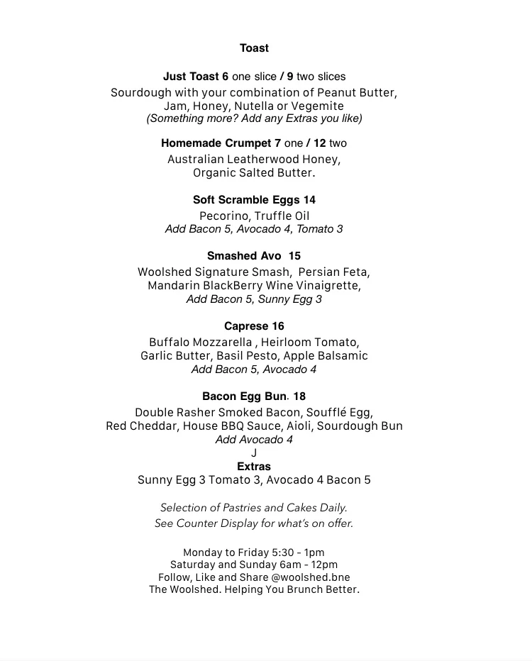 Menu, The Woolshed