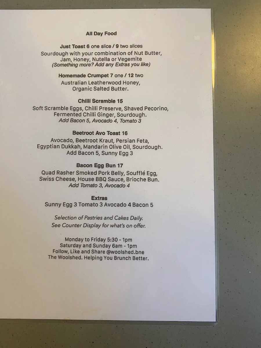 Menu, The Woolshed