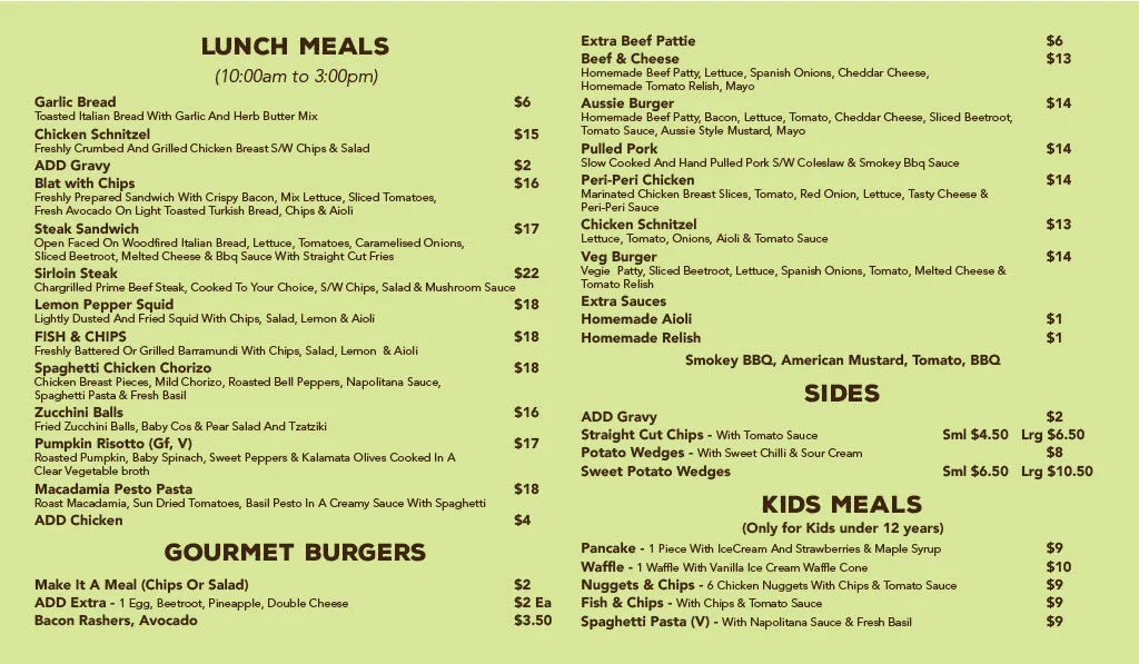 Menu, Vanilla Pod Pizza & Pasta Bar
