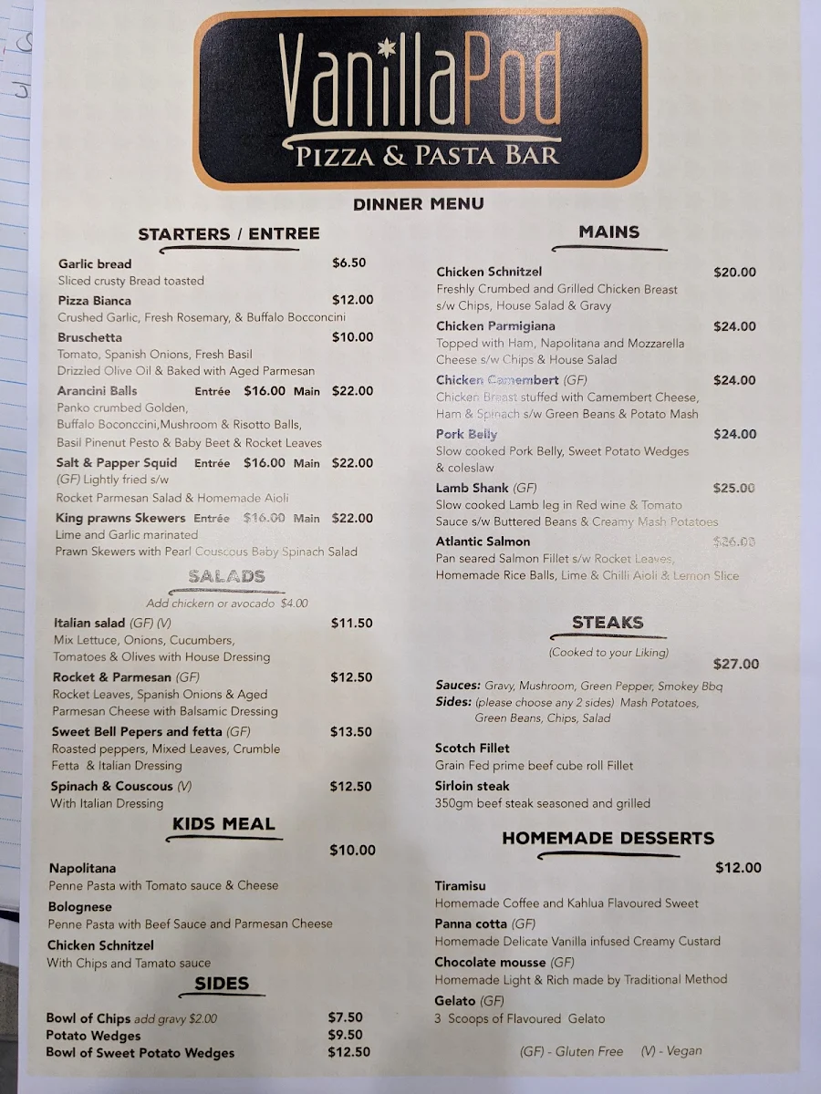 Menu, Vanilla Pod Pizza & Pasta Bar