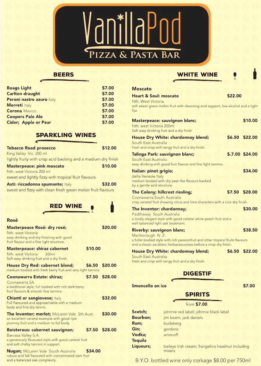 Menu, Vanilla Pod Pizza & Pasta Bar