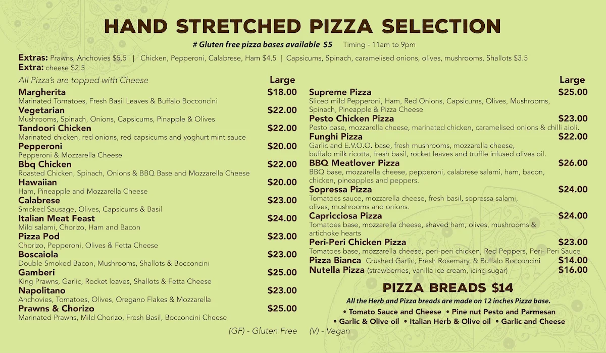 Menu, Vanilla Pod Pizza & Pasta Bar