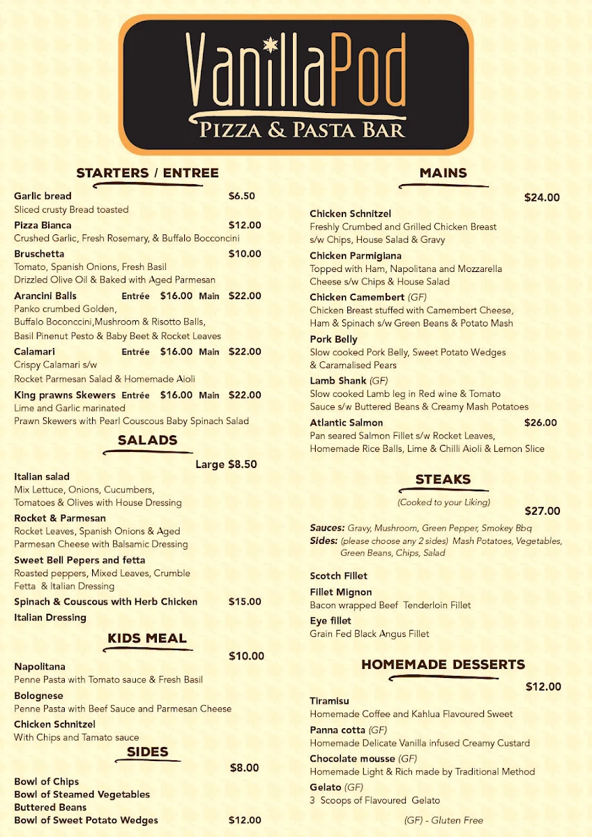 Menu, Vanilla Pod Pizza & Pasta Bar