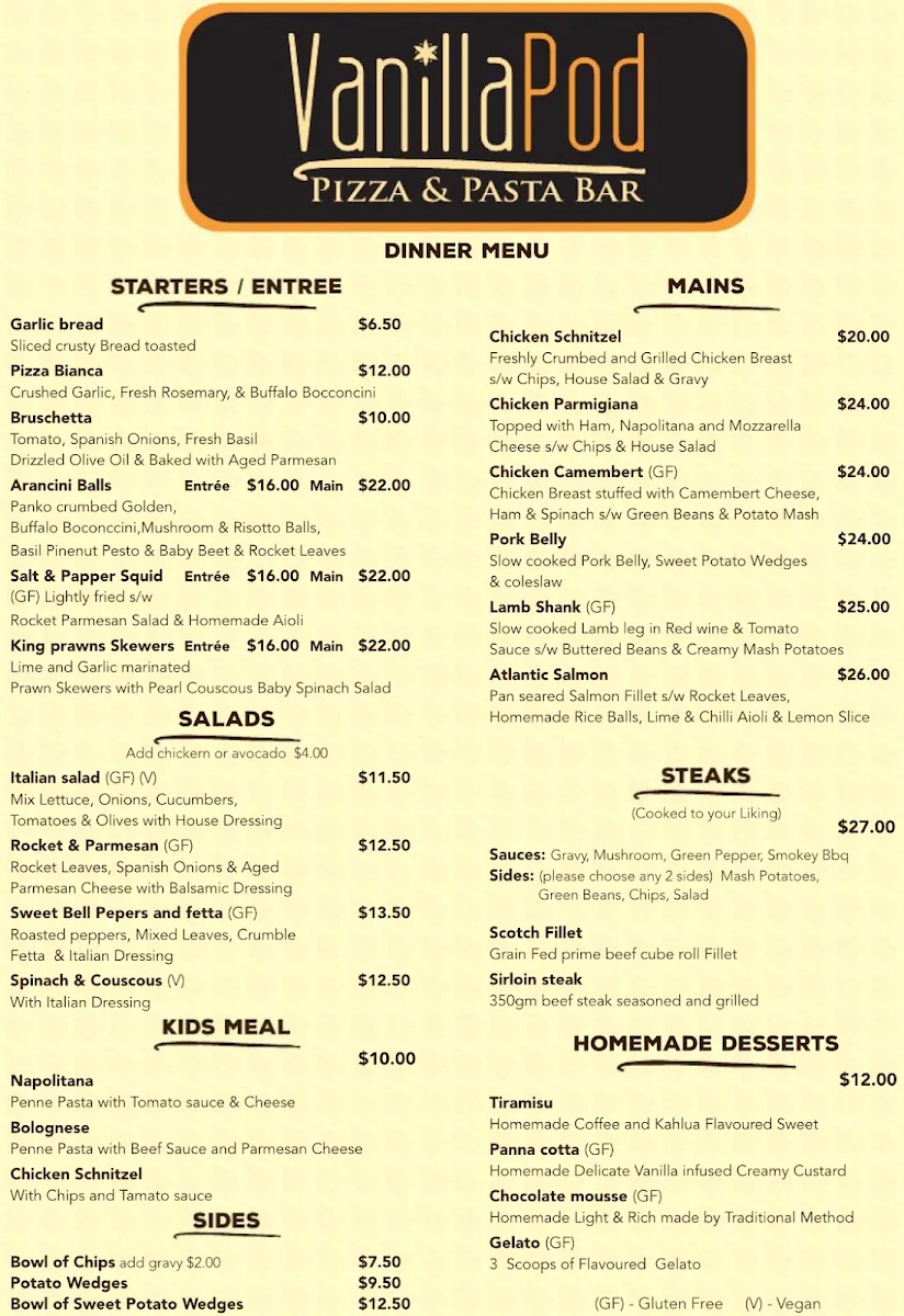 Menu, Vanilla Pod Pizza & Pasta Bar