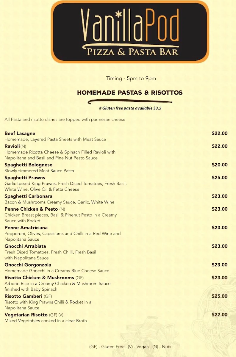 Menu, Vanilla Pod Pizza & Pasta Bar